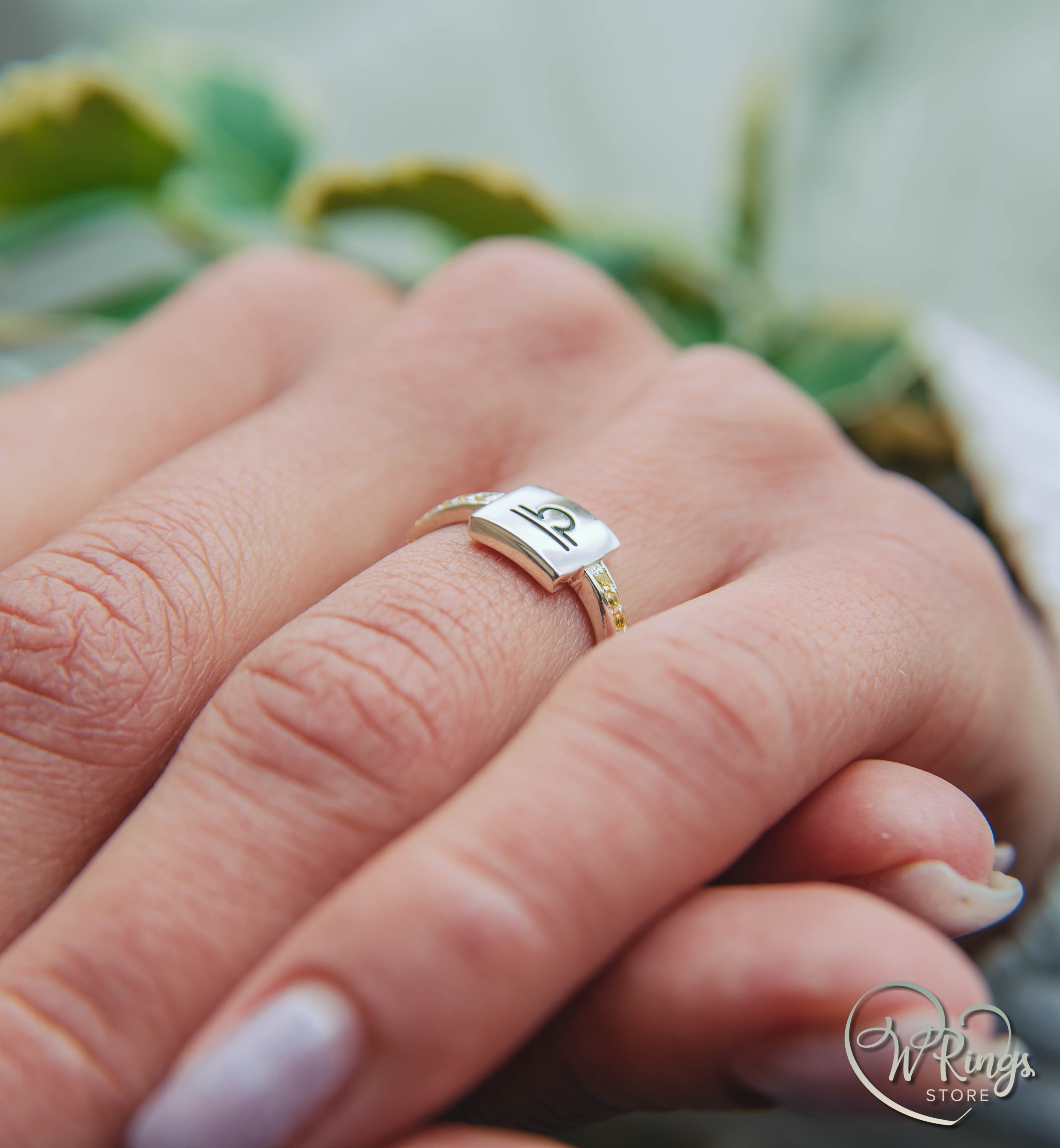 Square Shape Libra Signet Ring in Silver & Side Citrines