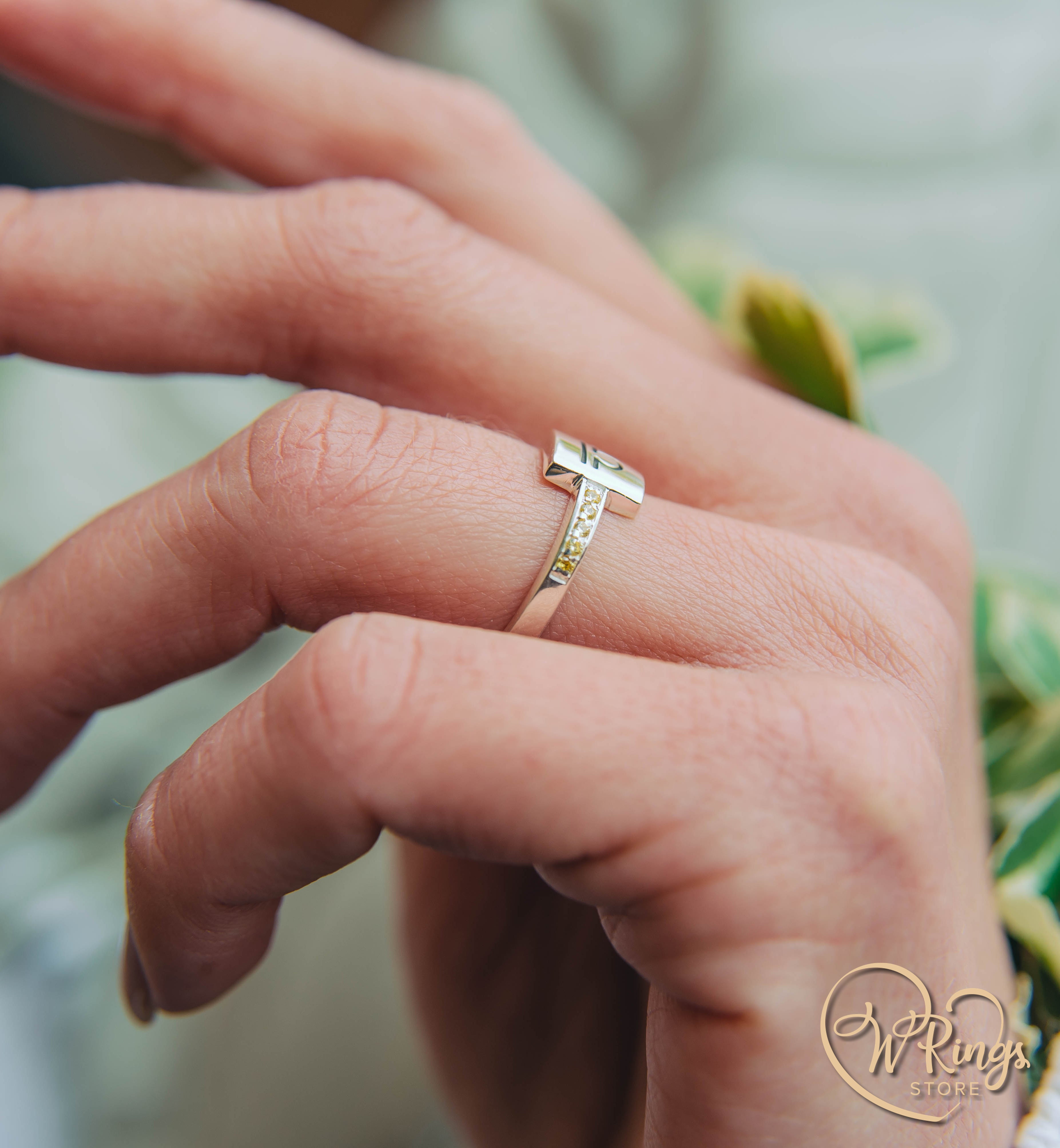 Square Shape Libra Signet Ring in Silver & Side Citrines