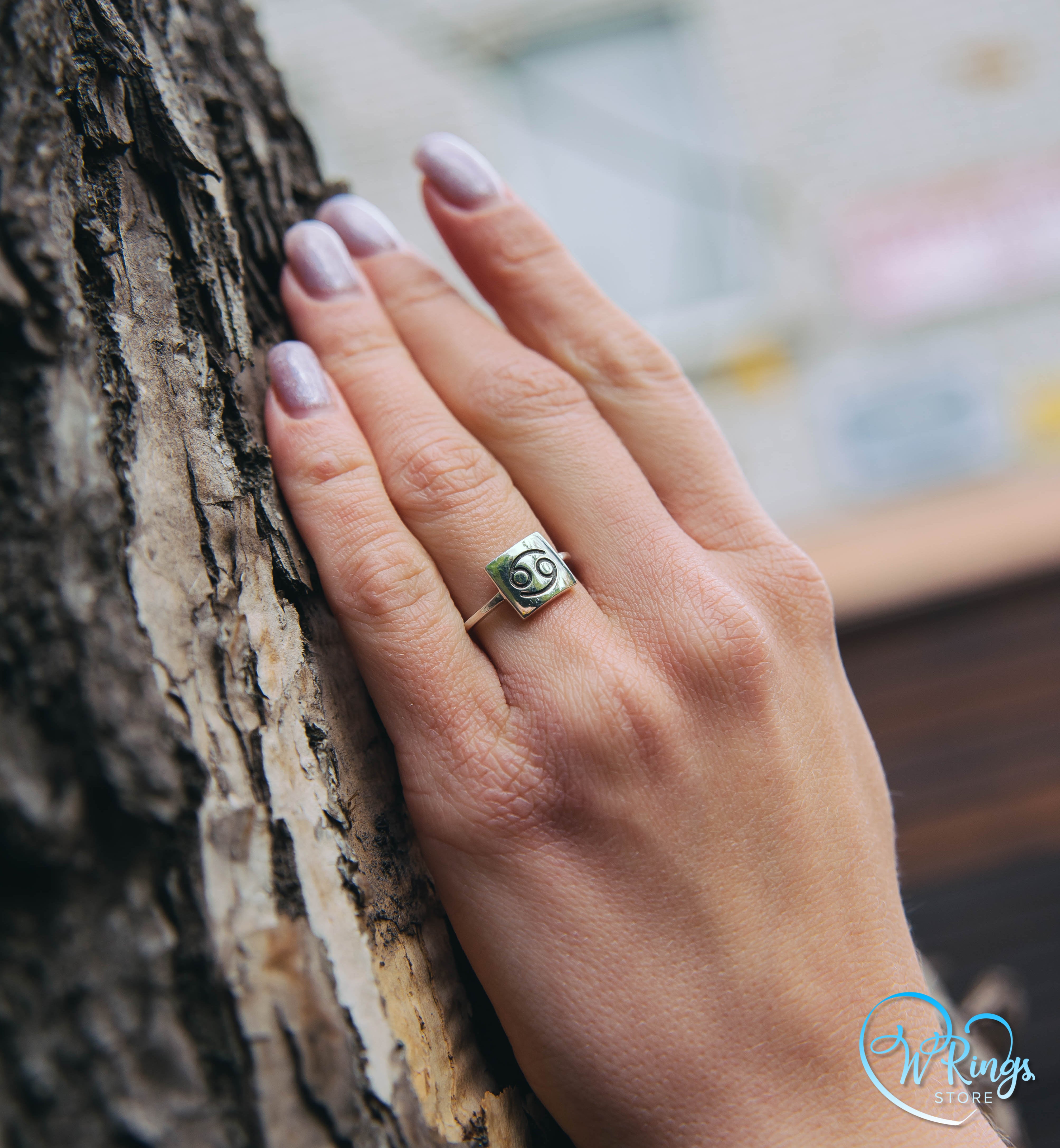 Square Shape & Thin Cancer Signet Ring in Sterling Silver