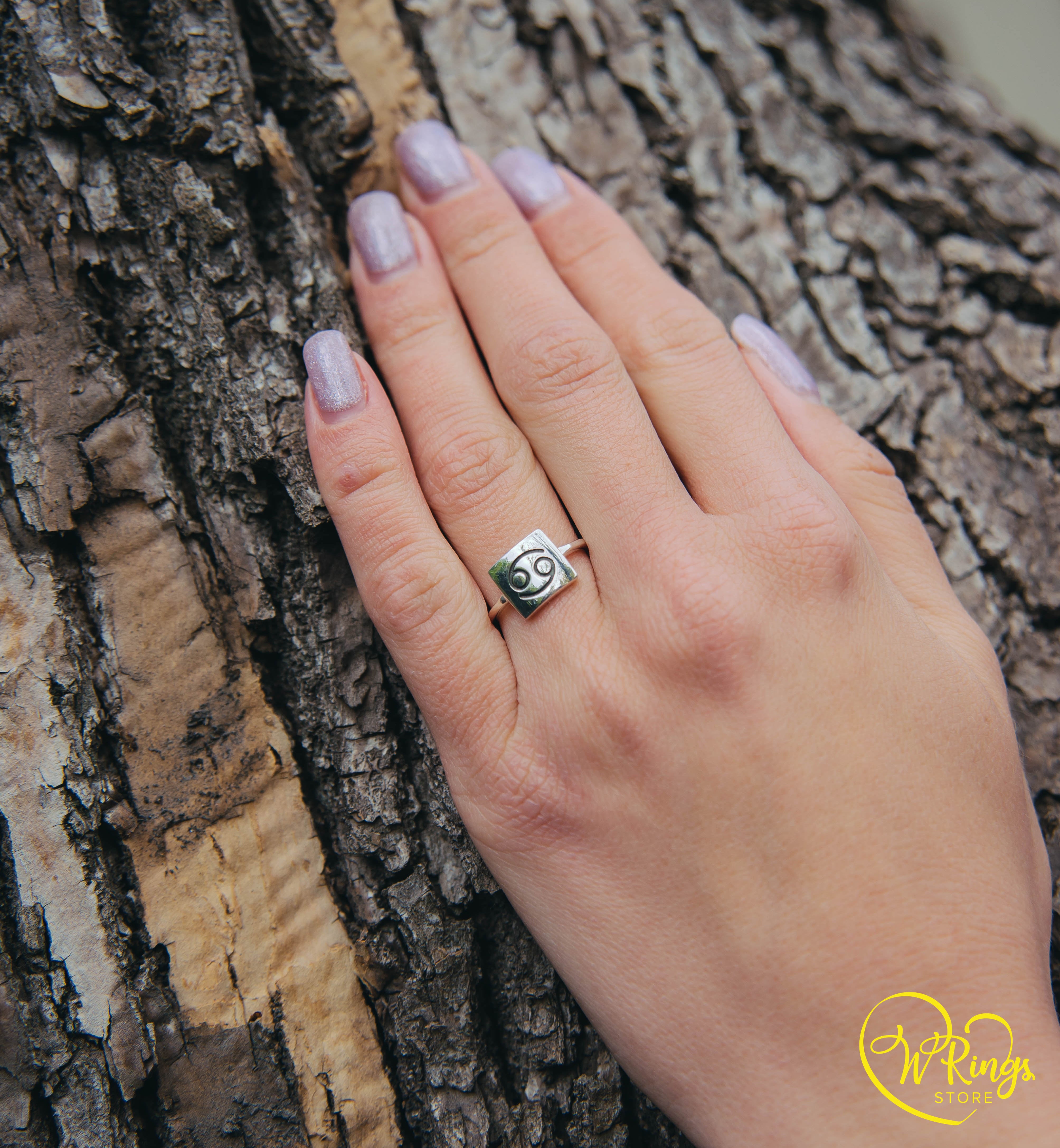 Square Shape & Thin Cancer Signet Ring in Sterling Silver