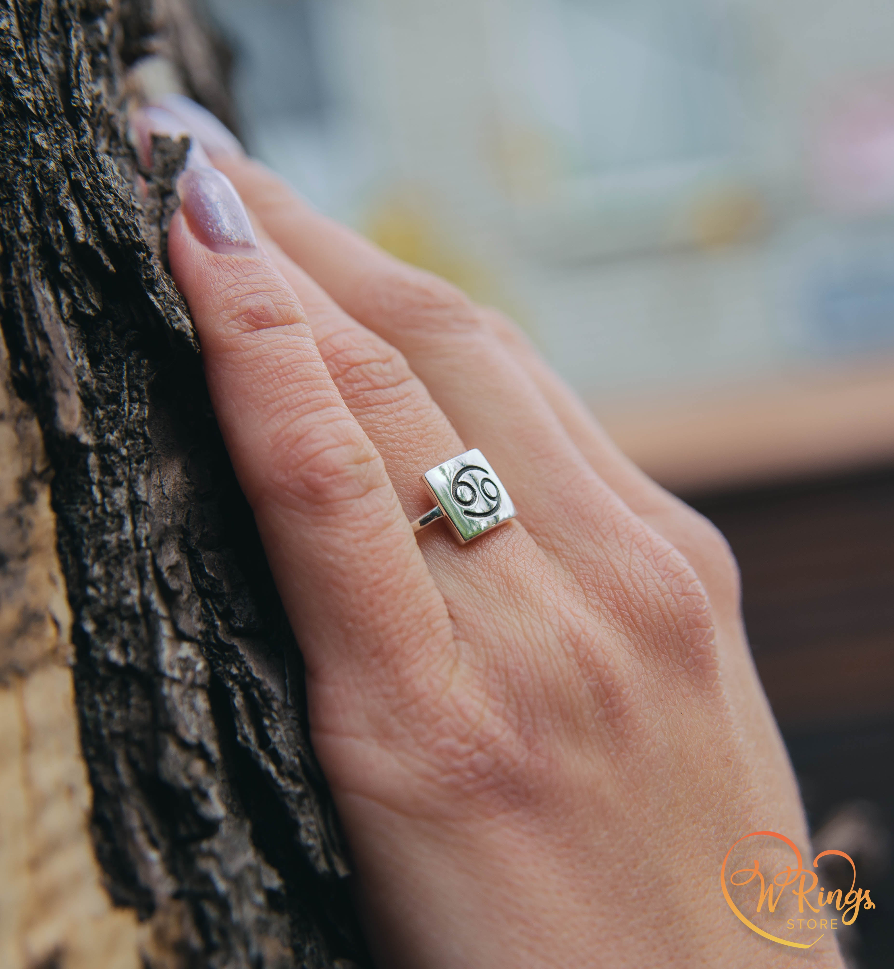 Square Shape & Thin Cancer Signet Ring in Sterling Silver