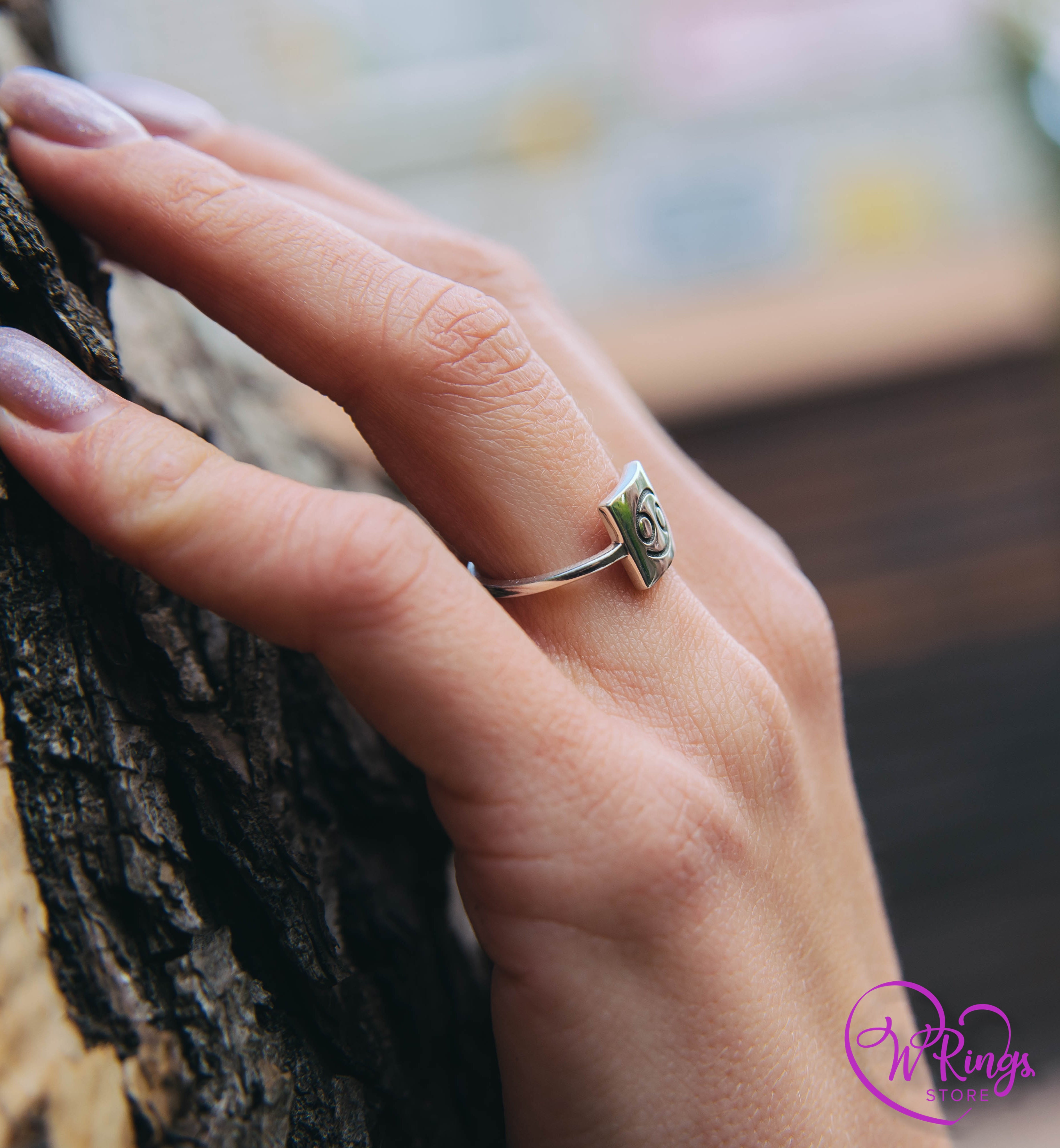 Square Shape & Thin Cancer Signet Ring in Sterling Silver