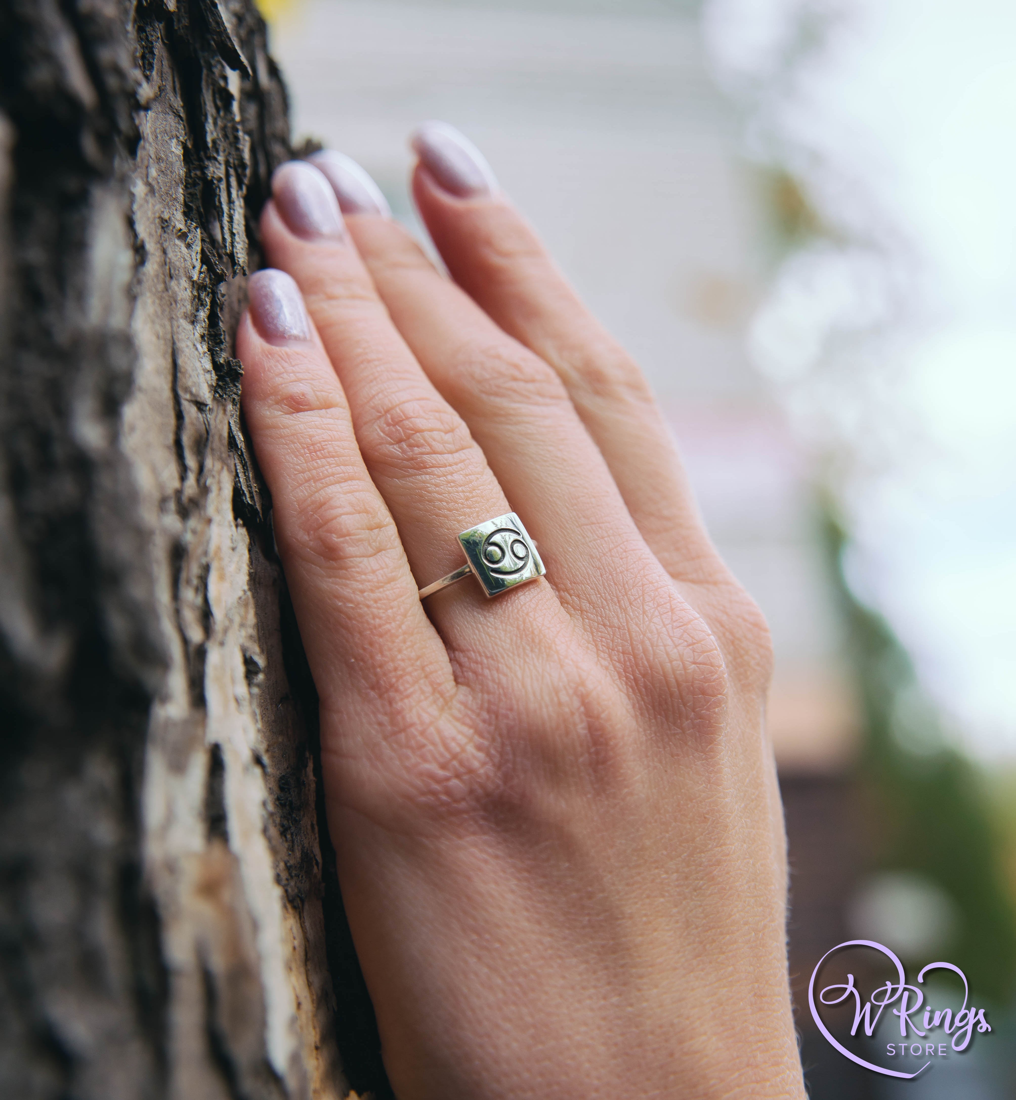 Square Shape & Thin Cancer Signet Ring in Sterling Silver