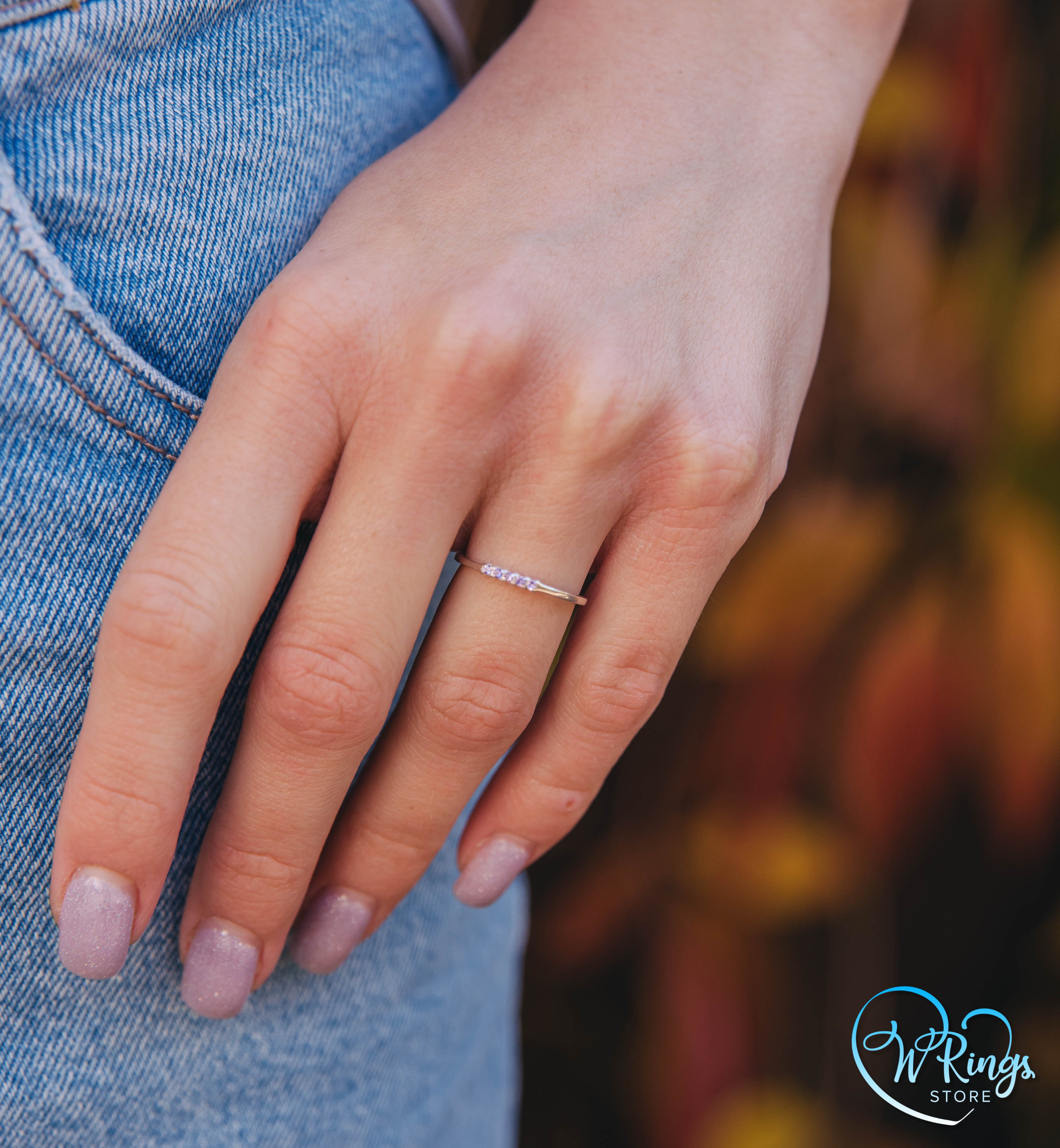 Thin Silver Stacking Ring – 5 small round Amethysts closely