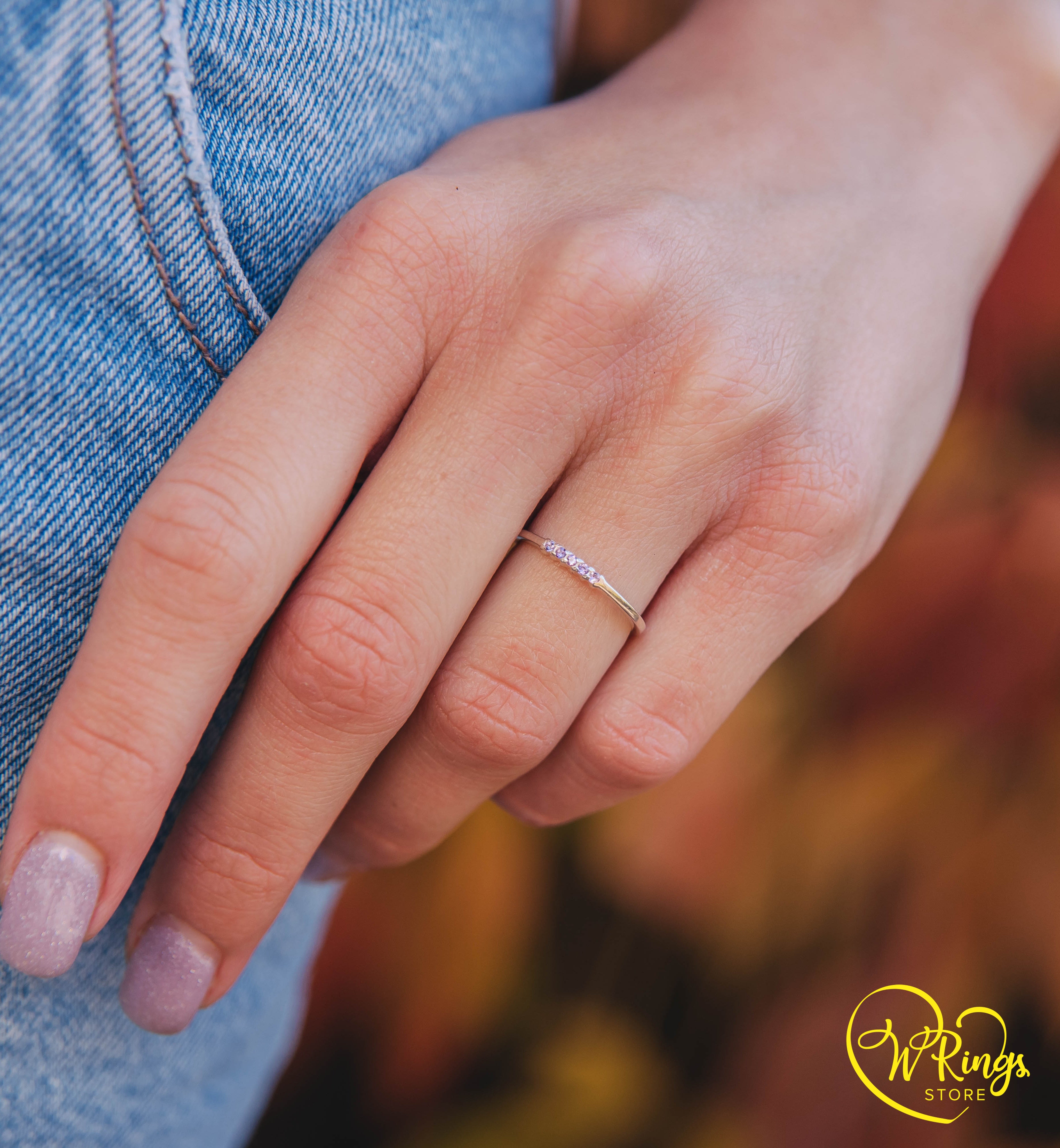 Thin Silver Stacking Ring – 5 small round Amethysts closely