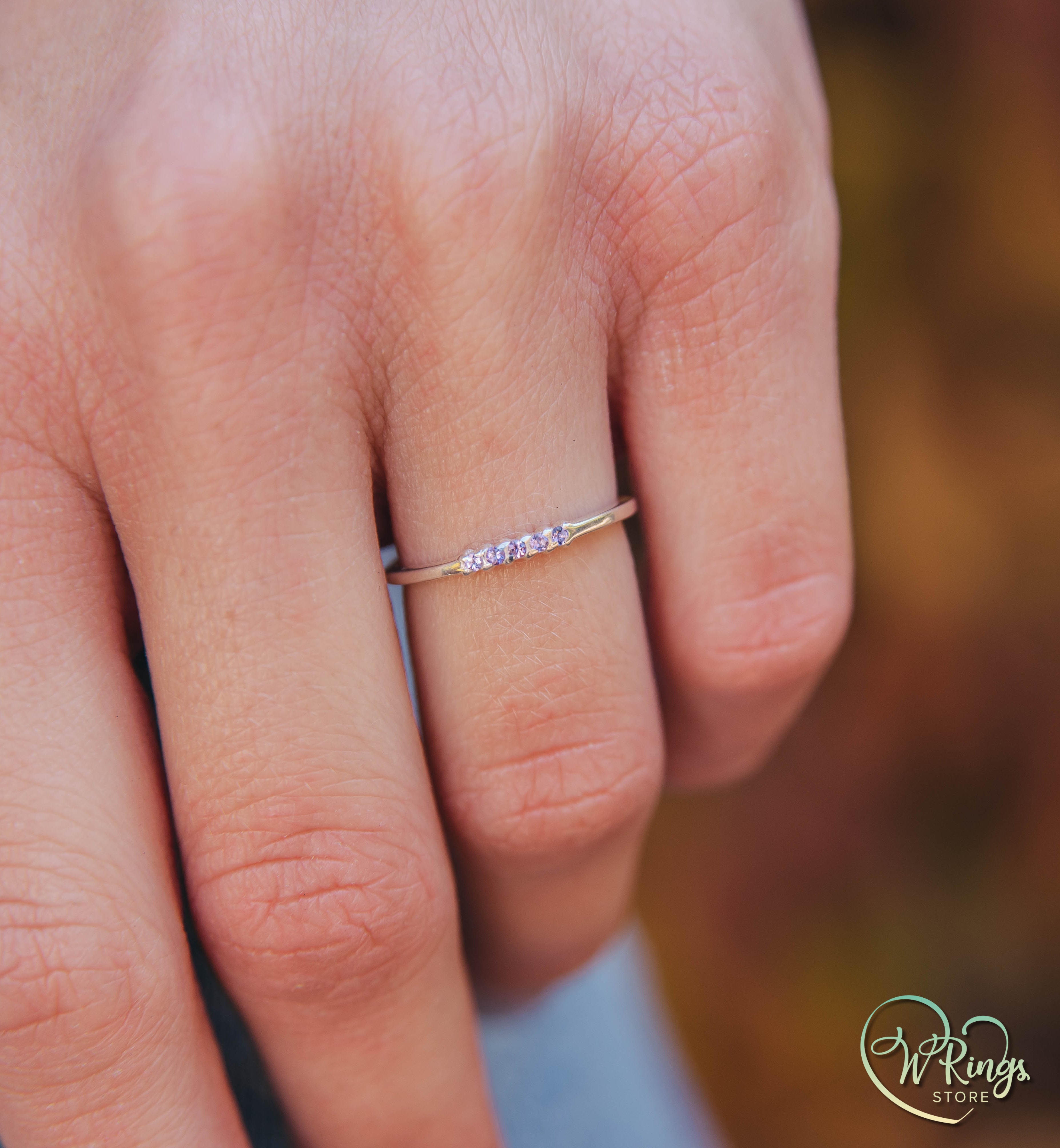 Thin Silver Stacking Ring – 5 small round Amethysts closely