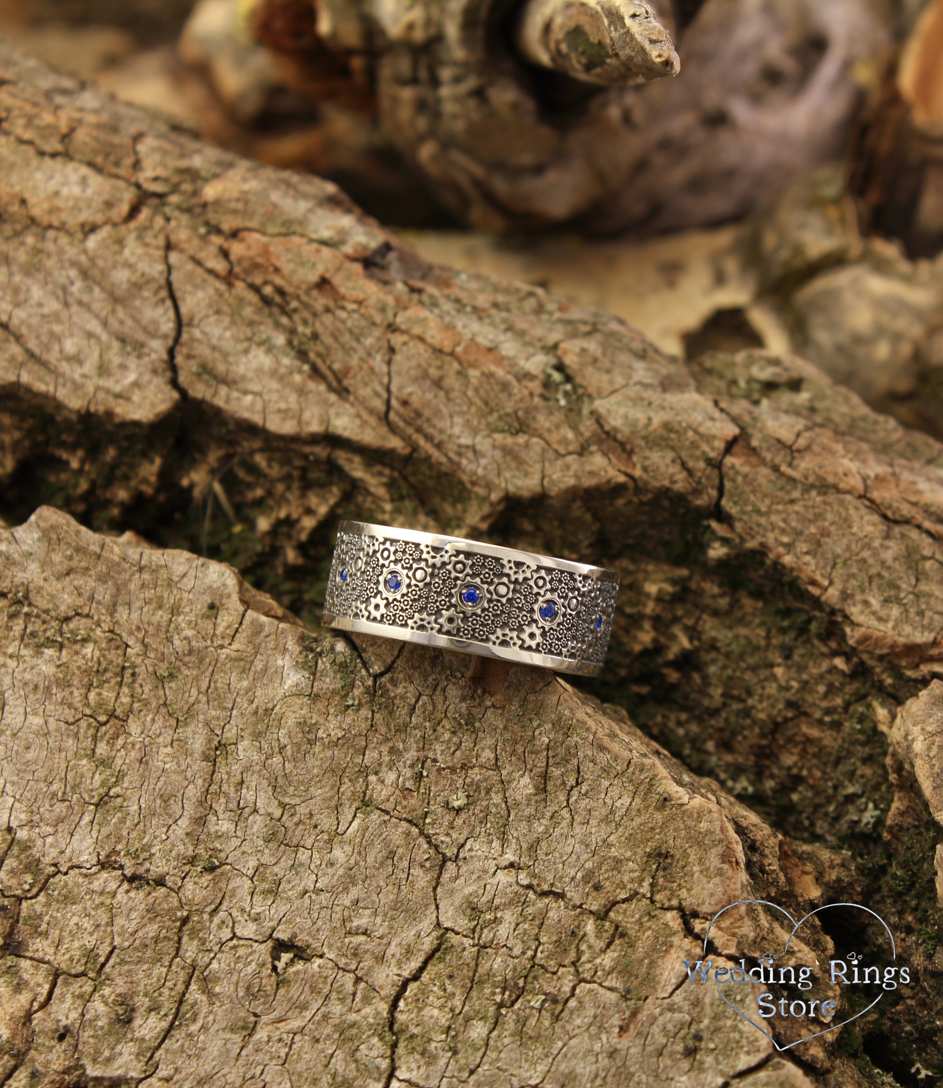 Wide Steampunk Silver Engraved Gears Ring Multi Gemstone