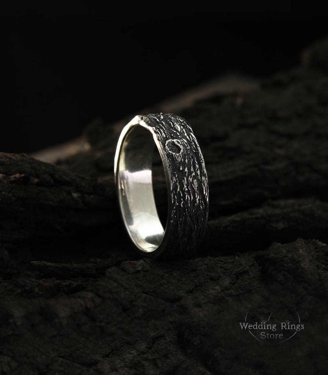 Rustic Wedding Ring with Woodbark textured 925 Fine Silver