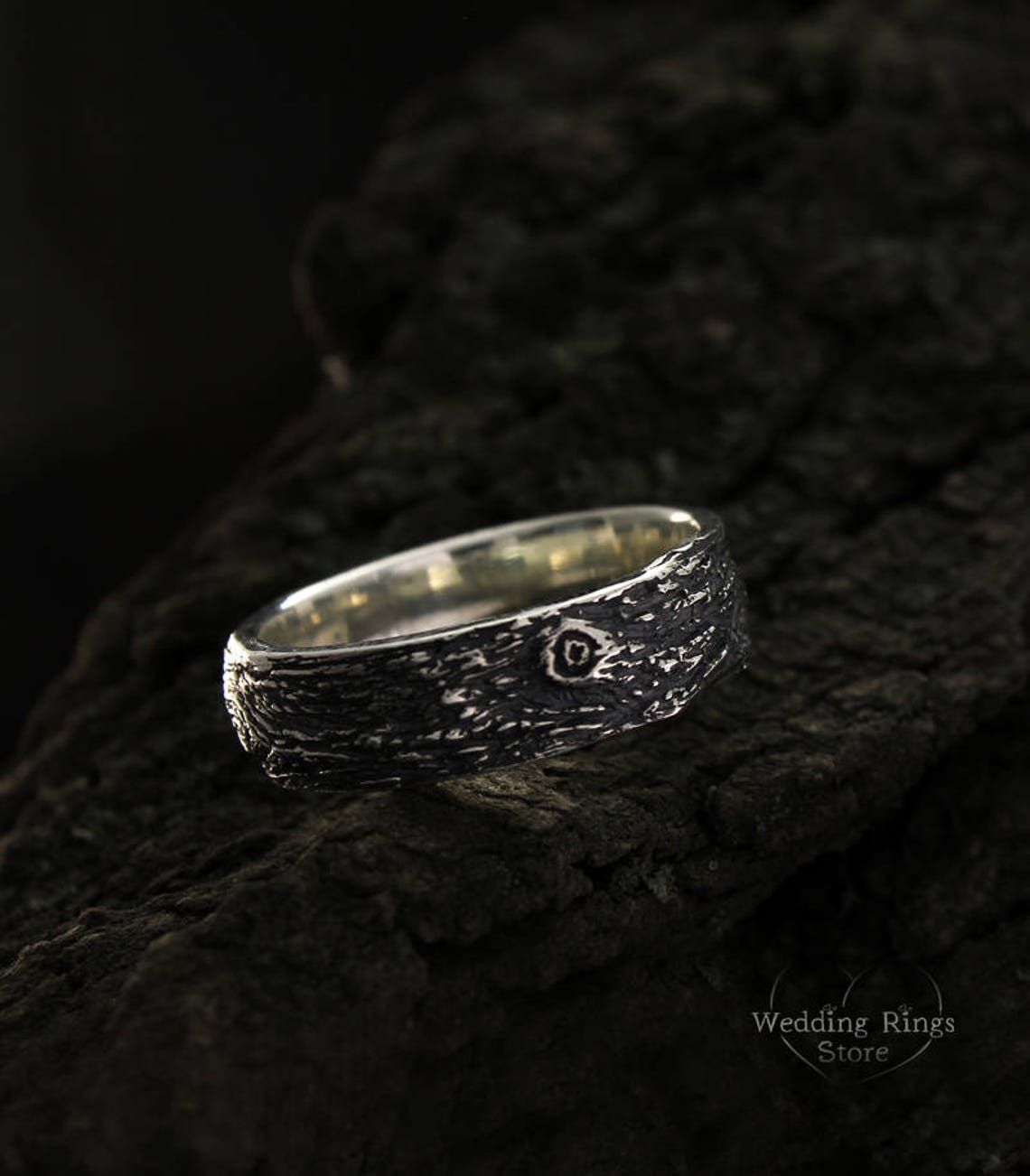 Rustic Wedding Ring with Woodbark textured 925 Fine Silver