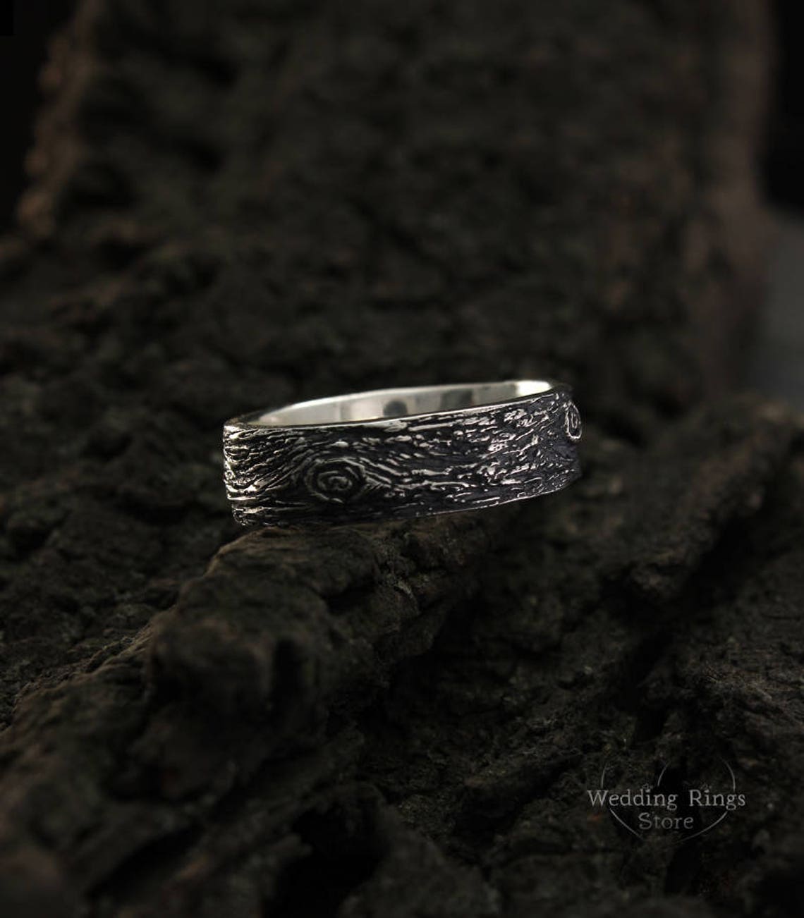 Rustic Wedding Ring with Woodbark textured 925 Fine Silver