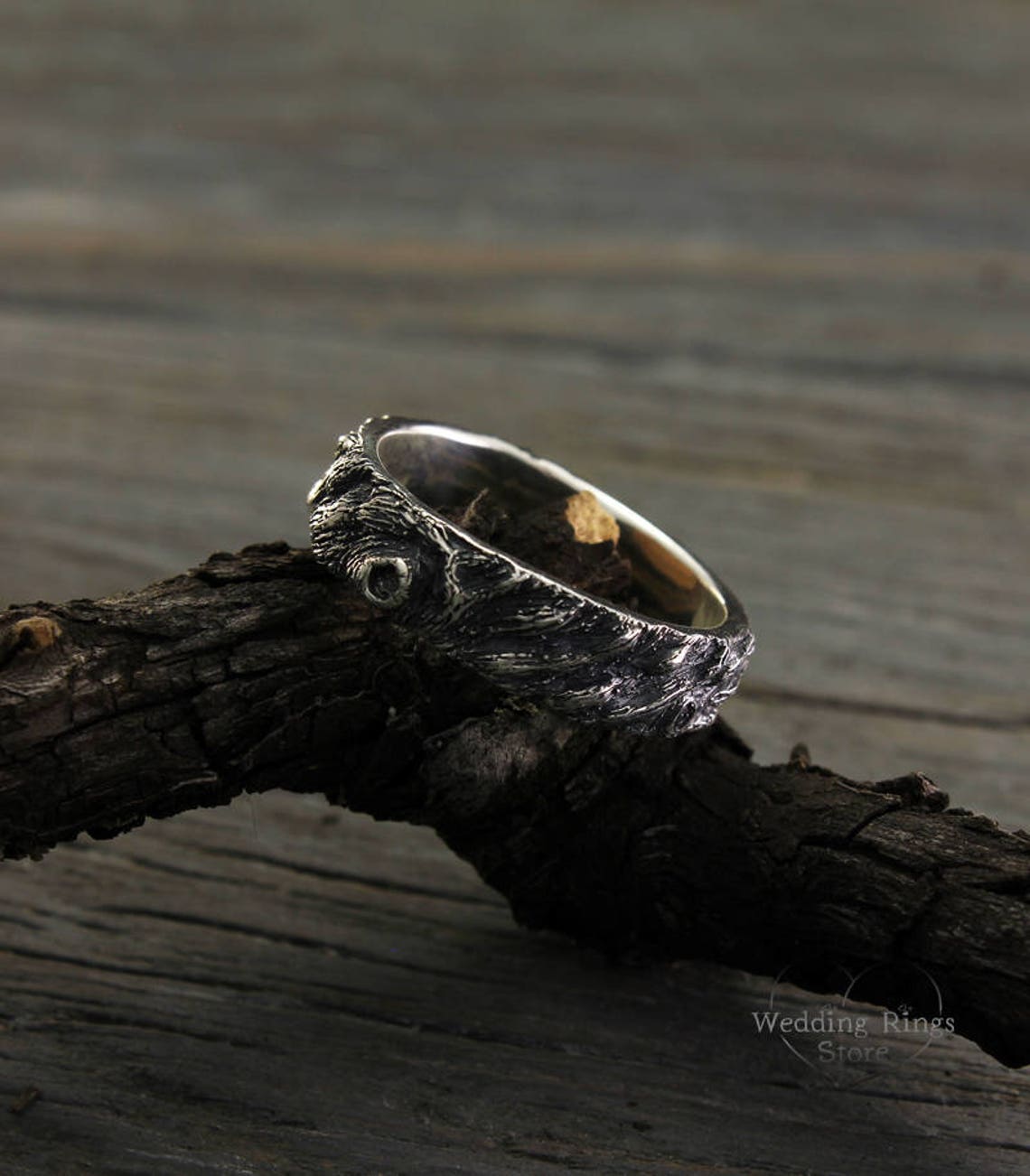 Oxidized Silver Tree bark Men's Large Wedding Band