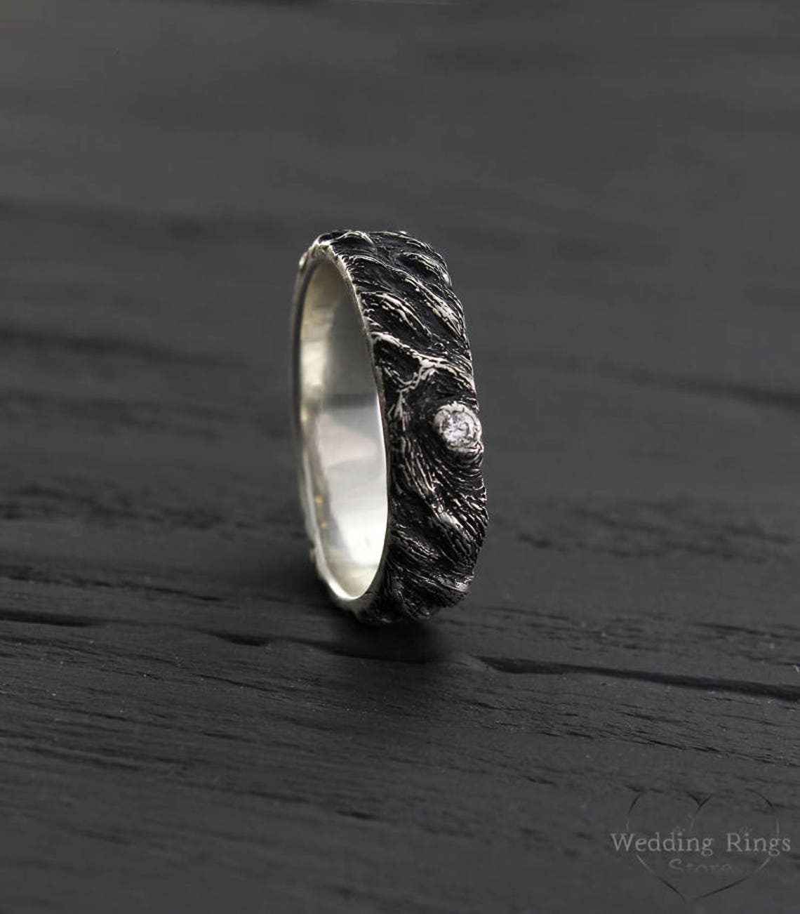 Silver Rustic Tree & Diamond Wedding Ring for Him