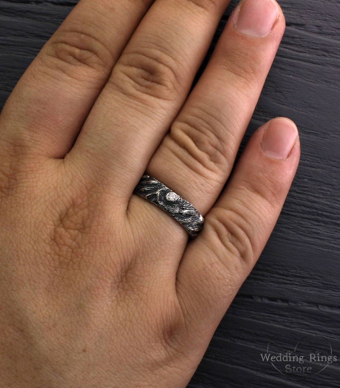 Silver Rustic Tree & Diamond Wedding Ring for Him