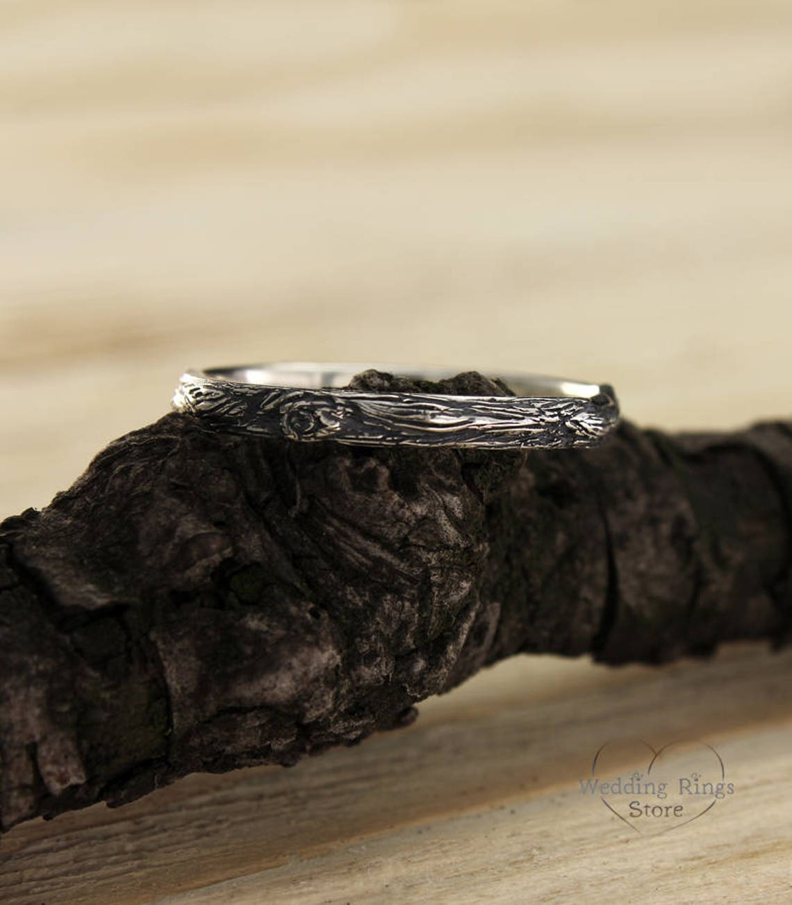 Thin Wedding Band with Tree bark Fine Silver Texture