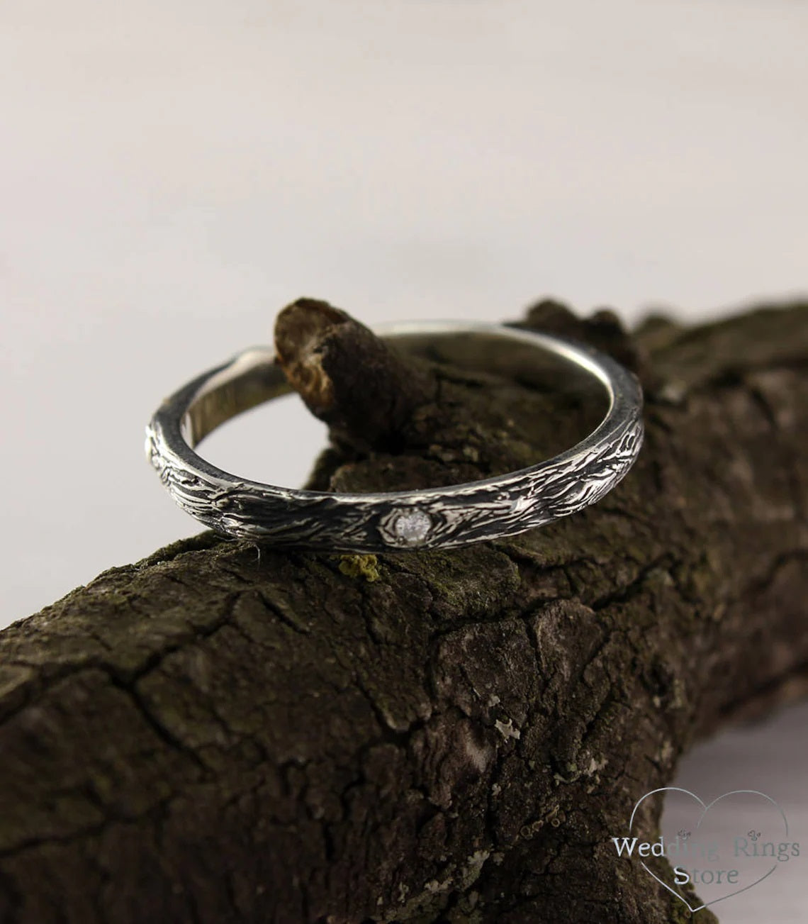 Thin Silver Diamond Wedding Ring with Tree bark