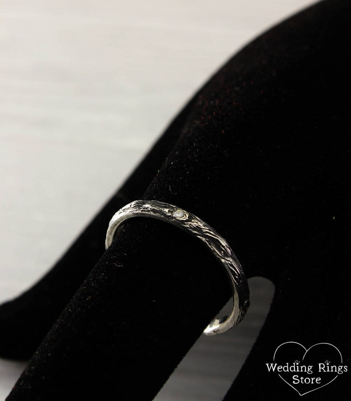 Thin Silver Diamond Wedding Ring with Tree bark