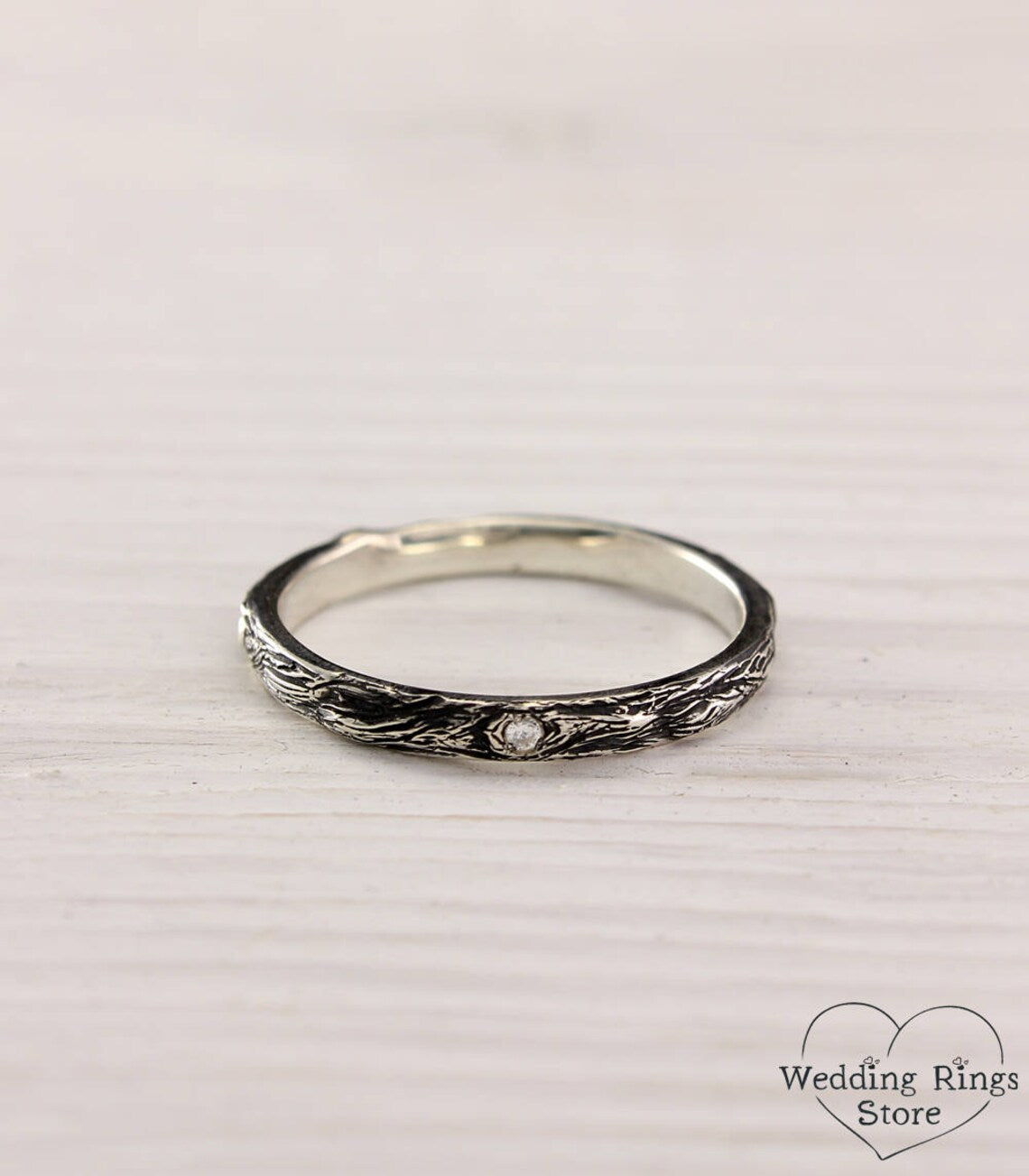 Thin Silver Diamond Wedding Ring with Tree bark