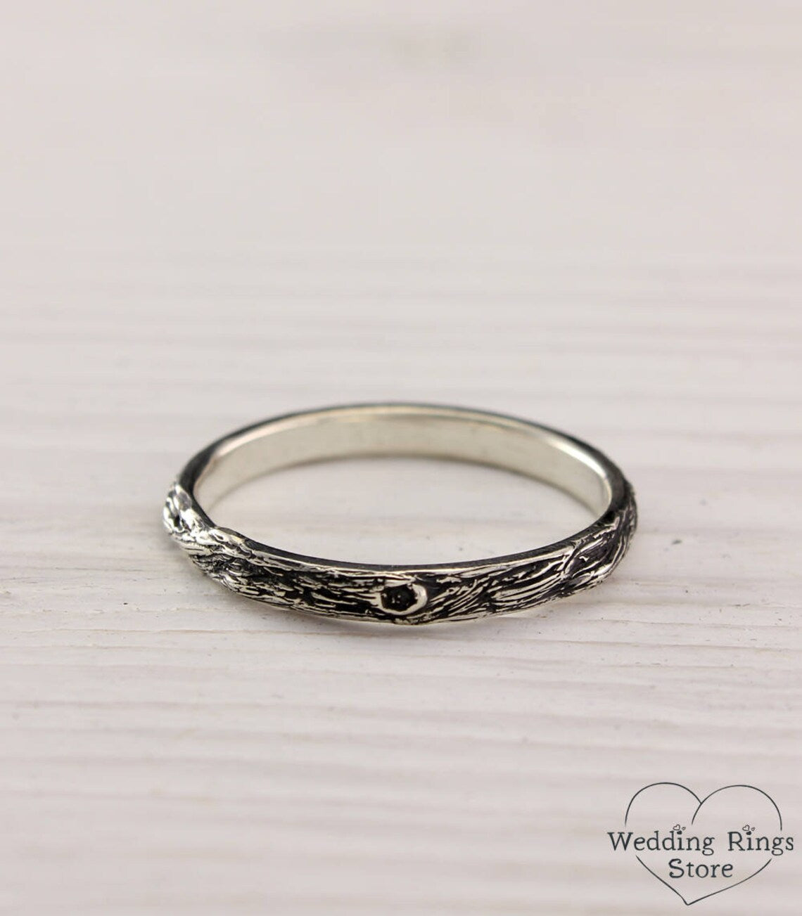 Thin Silver Diamond Wedding Ring with Tree bark