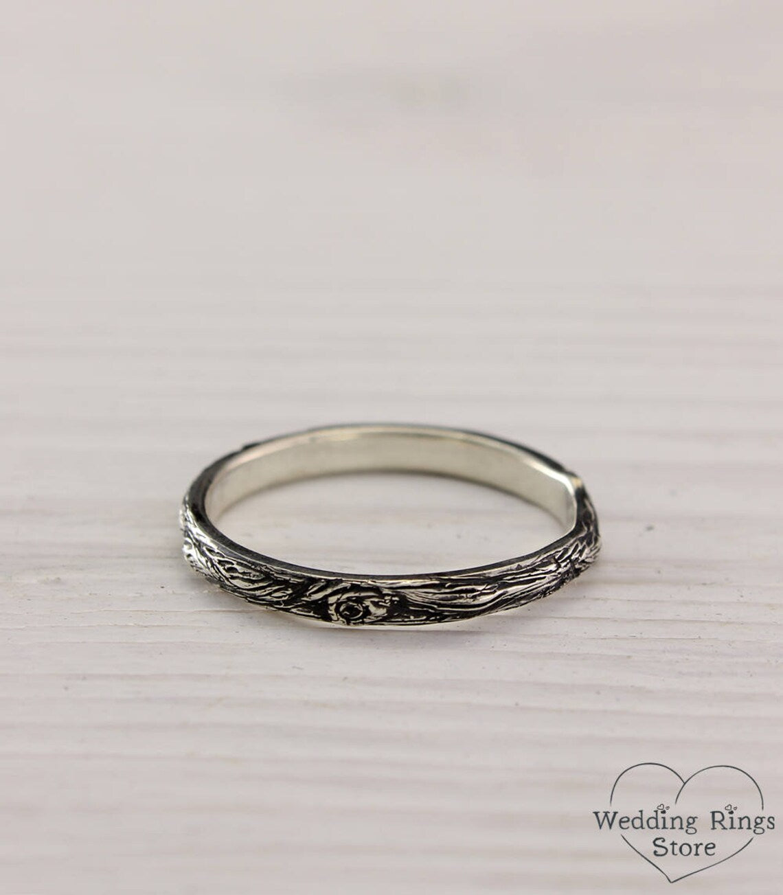 Thin Silver Diamond Wedding Ring with Tree bark