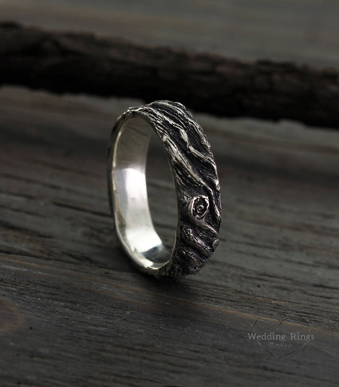 Oxidized Silver Tree bark Men's Large Wedding Band