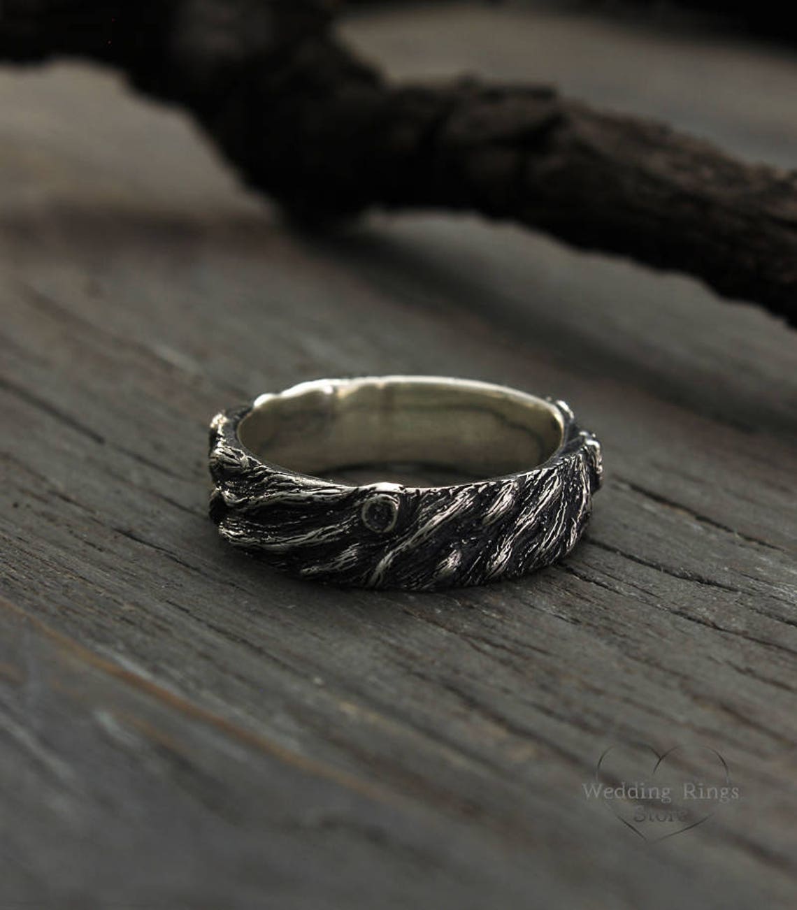 Oxidized Silver Tree bark Men's Large Wedding Band