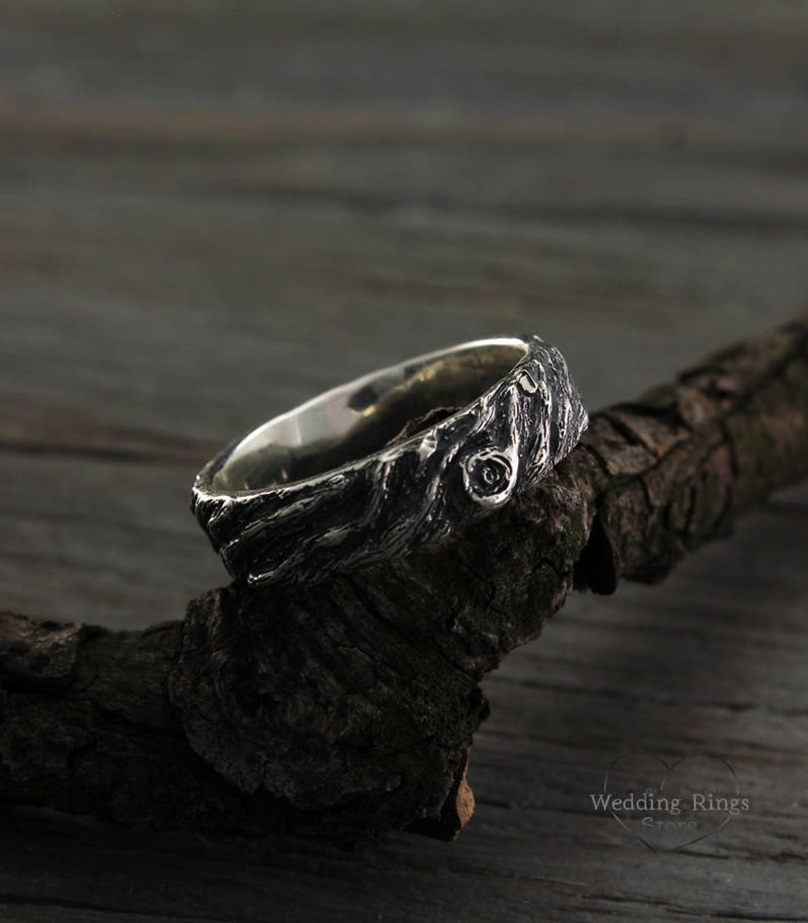 Oxidized Silver Tree bark Men's Large Wedding Band