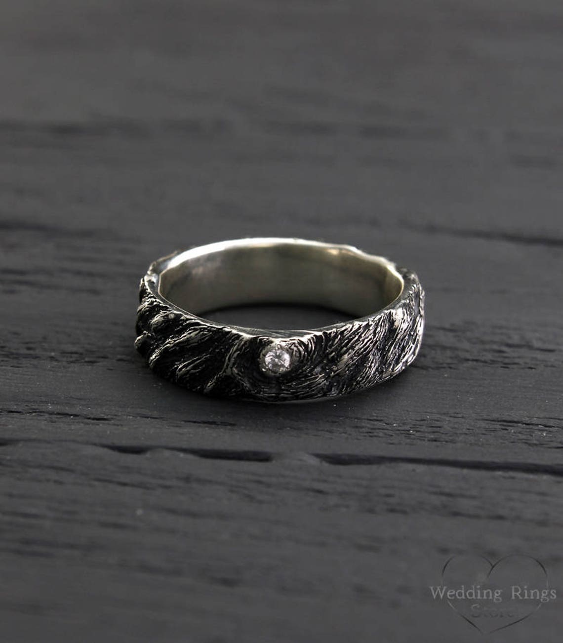 Silver Rustic Tree & Diamond Wedding Ring for Him