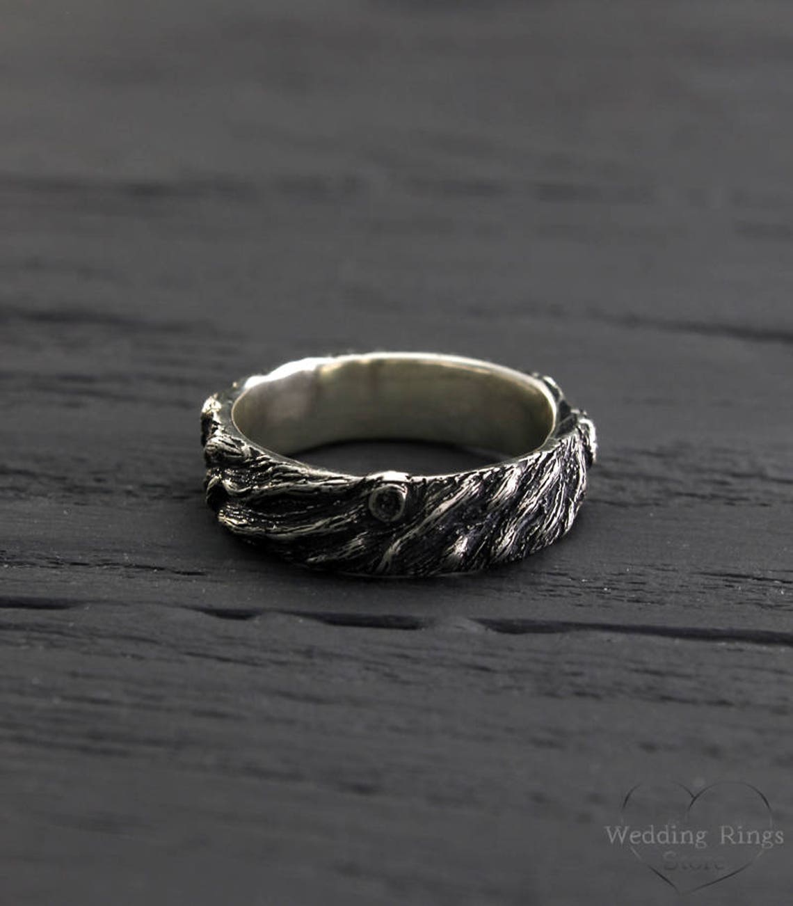 Silver Rustic Tree & Diamond Wedding Ring for Him