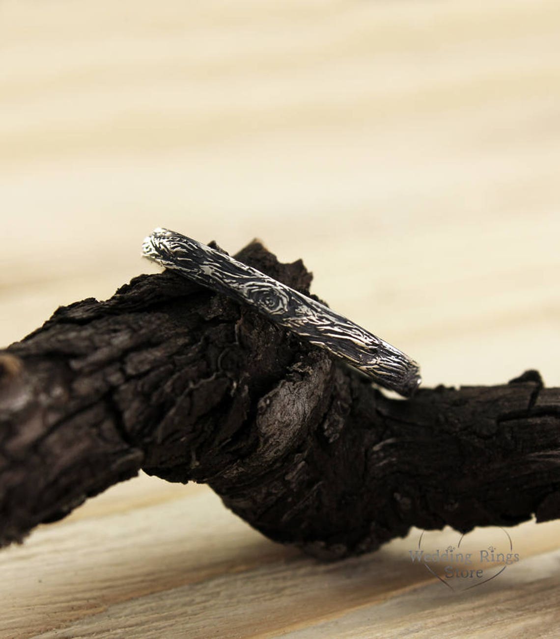 Thin Wedding Band with Tree bark Fine Silver Texture