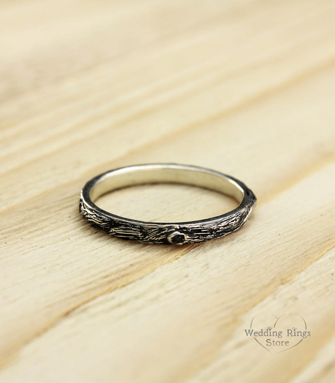 Thin Wedding Band with Tree bark Fine Silver Texture