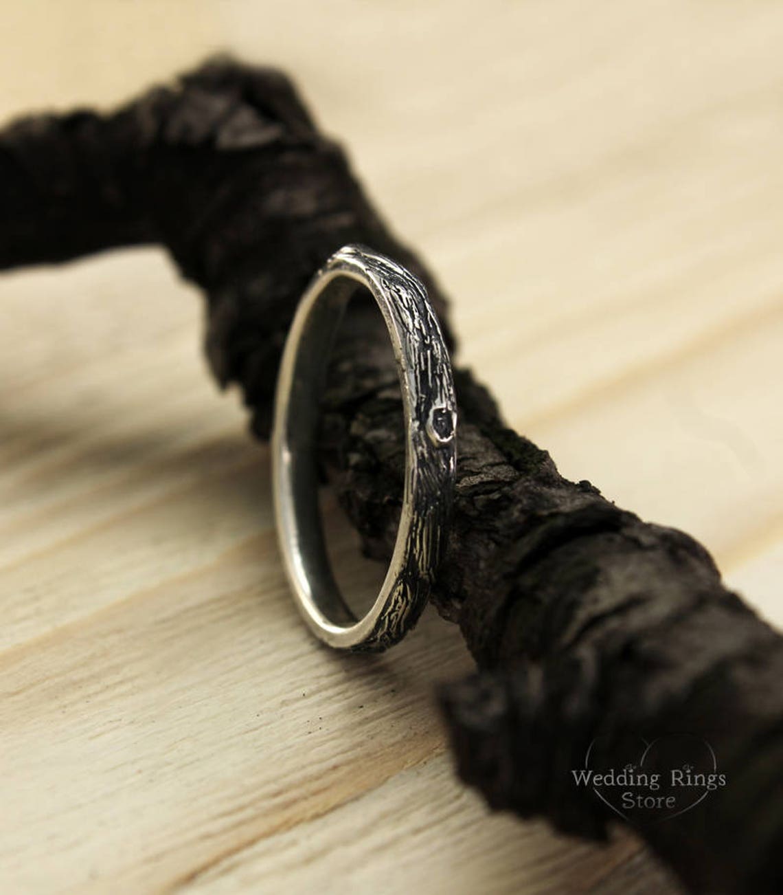 Thin Wedding Band with Tree bark Fine Silver Texture