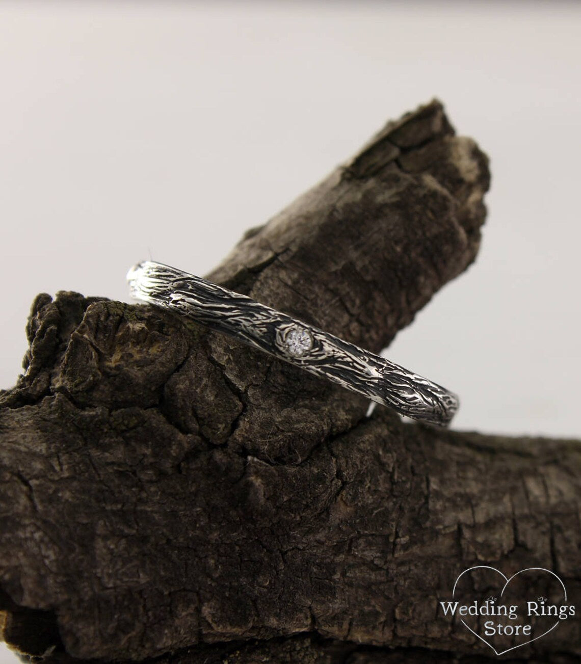 Thin Silver Diamond Wedding Ring with Tree bark