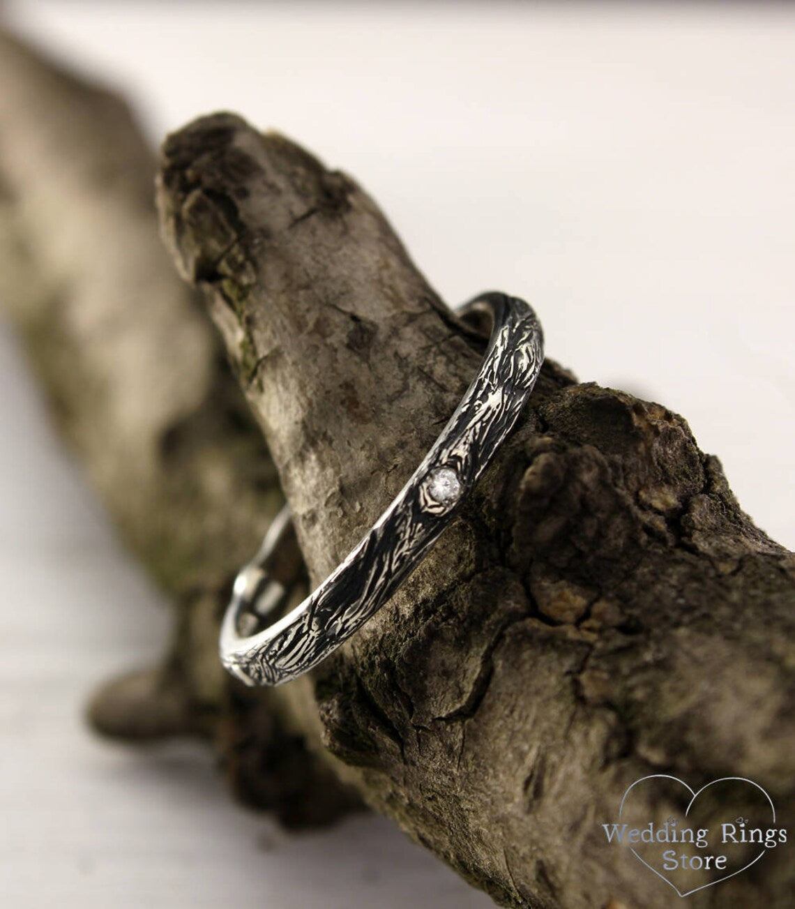 Thin Silver Diamond Wedding Ring with Tree bark