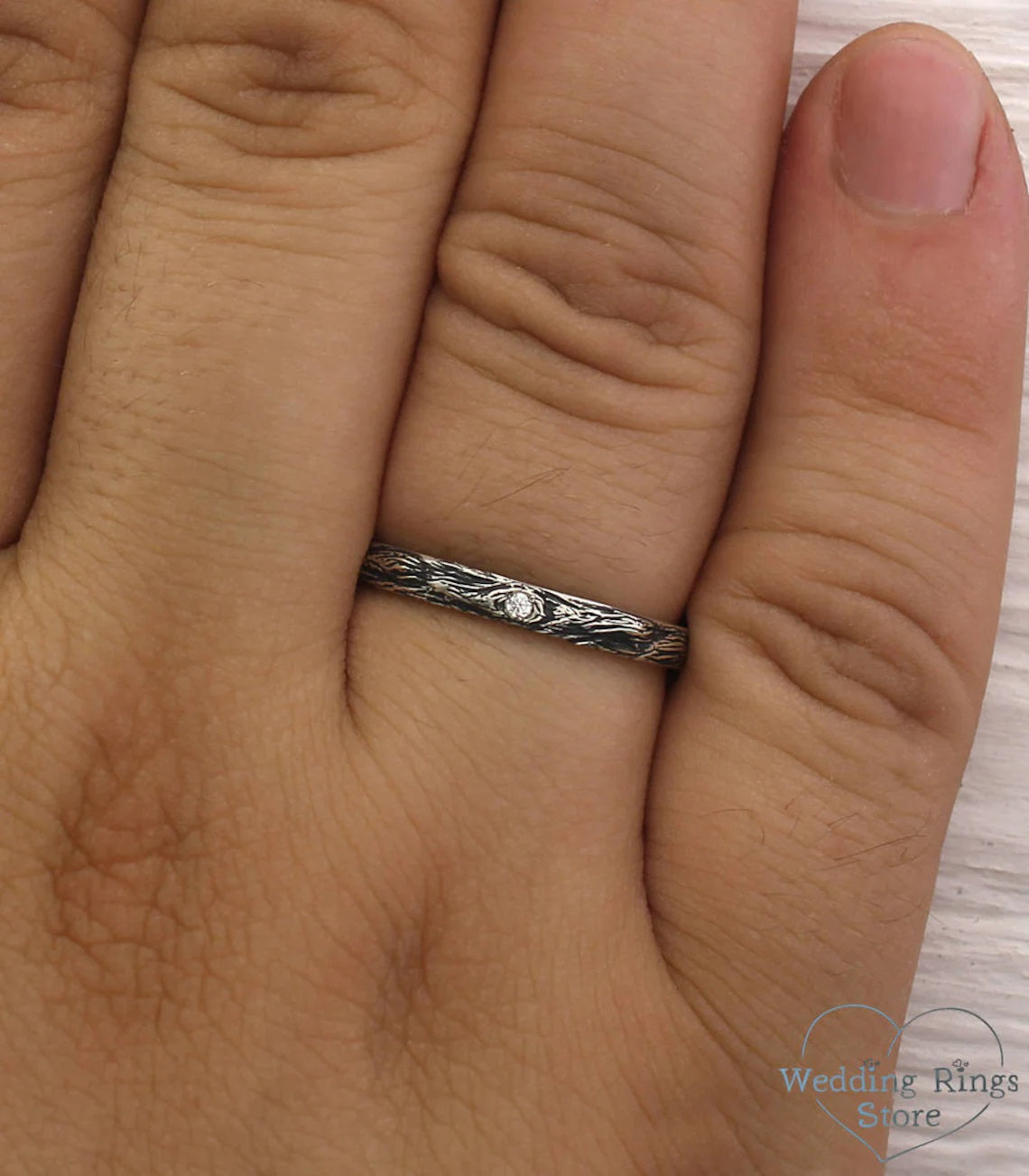 Thin Silver Diamond Wedding Ring with Tree bark