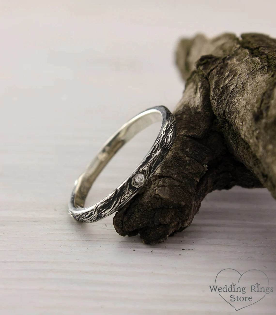 Thin Silver Diamond Wedding Ring with Tree bark