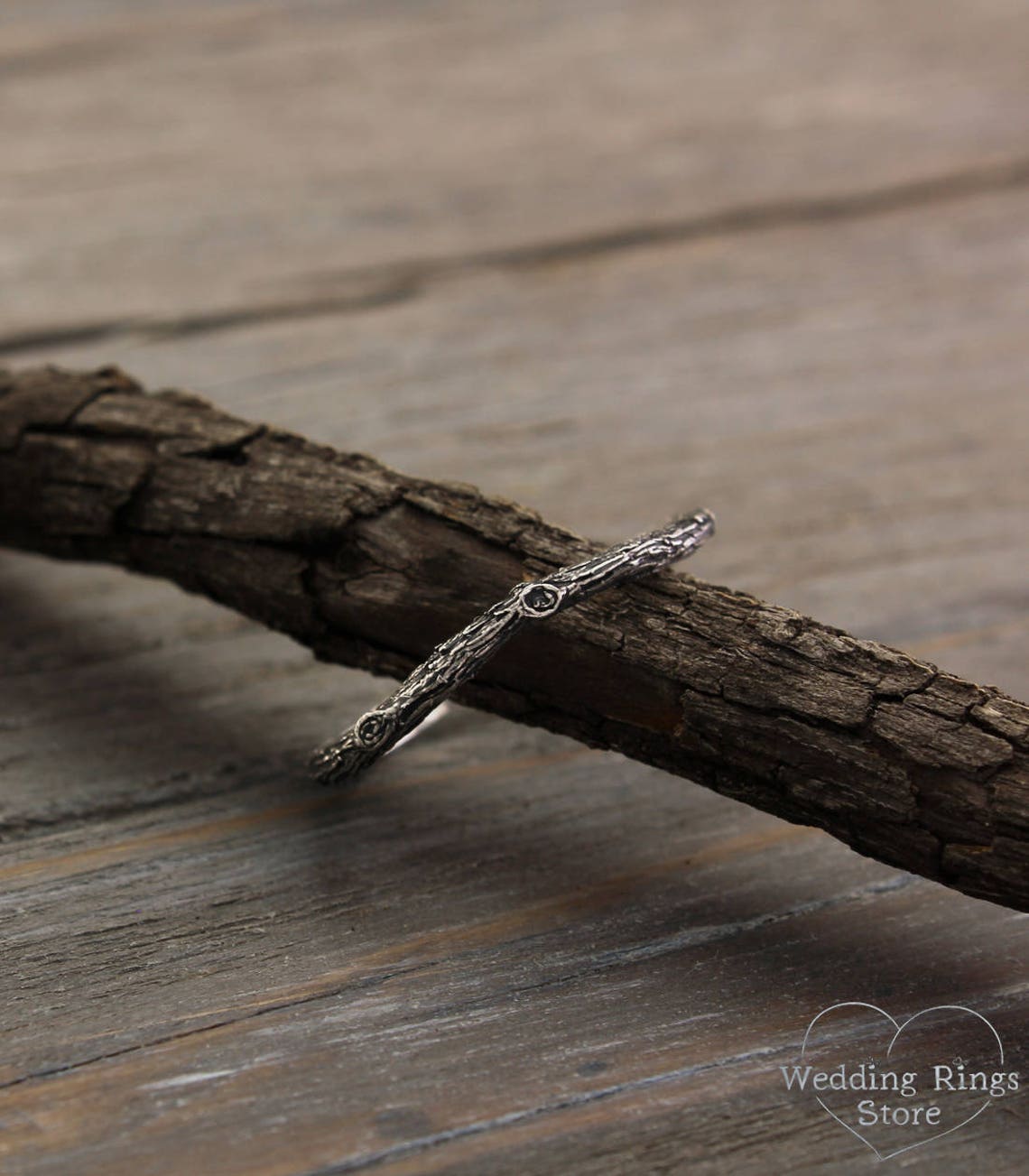 Tiny Tree bark Silver Stackable Wedding Band