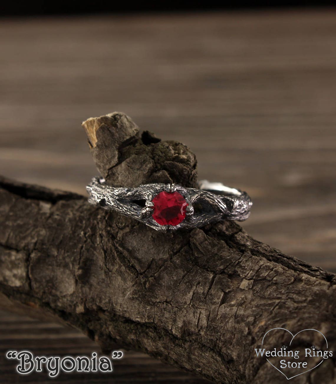 Sparkling Ruby Engagement Ring with Split Silver Twig