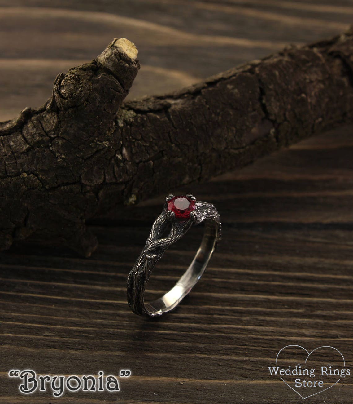 Sparkling Ruby Engagement Ring with Split Silver Twig