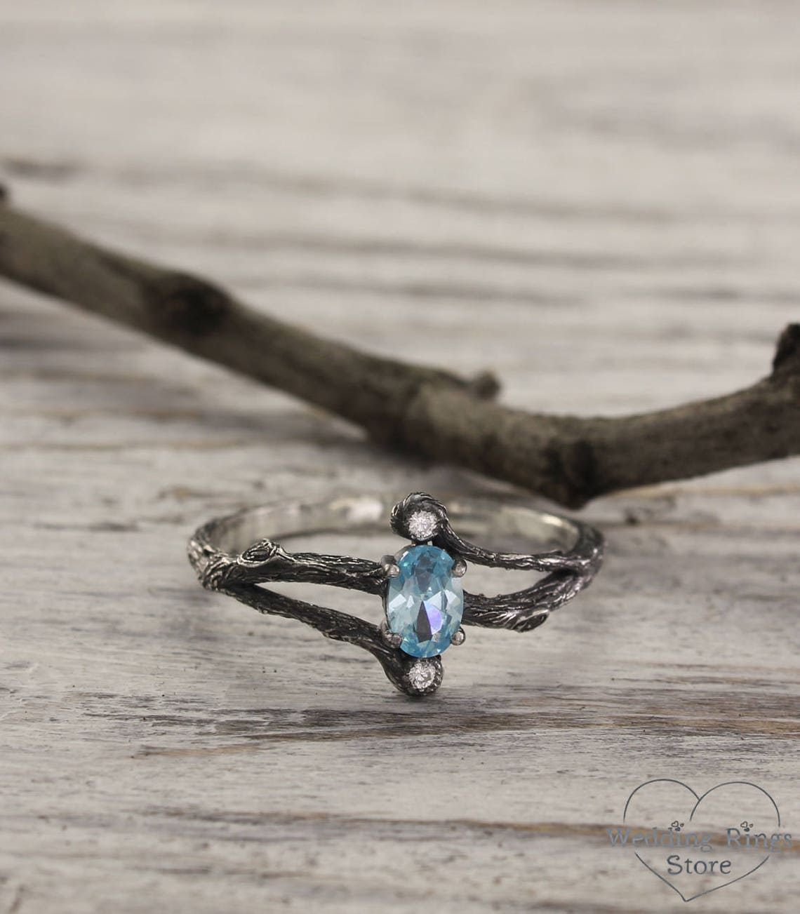 Tiny Split Branch Topaz Engagement Ring with Side Stones