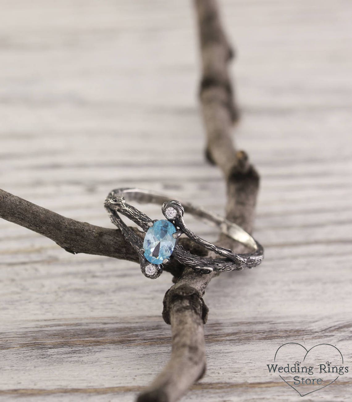 Tiny Split Branch Topaz Engagement Ring with Side Stones