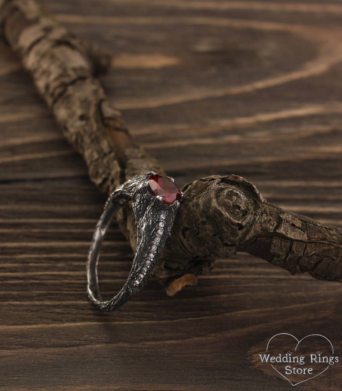 Big Garnet Ring with Silver Tree and Side Stones