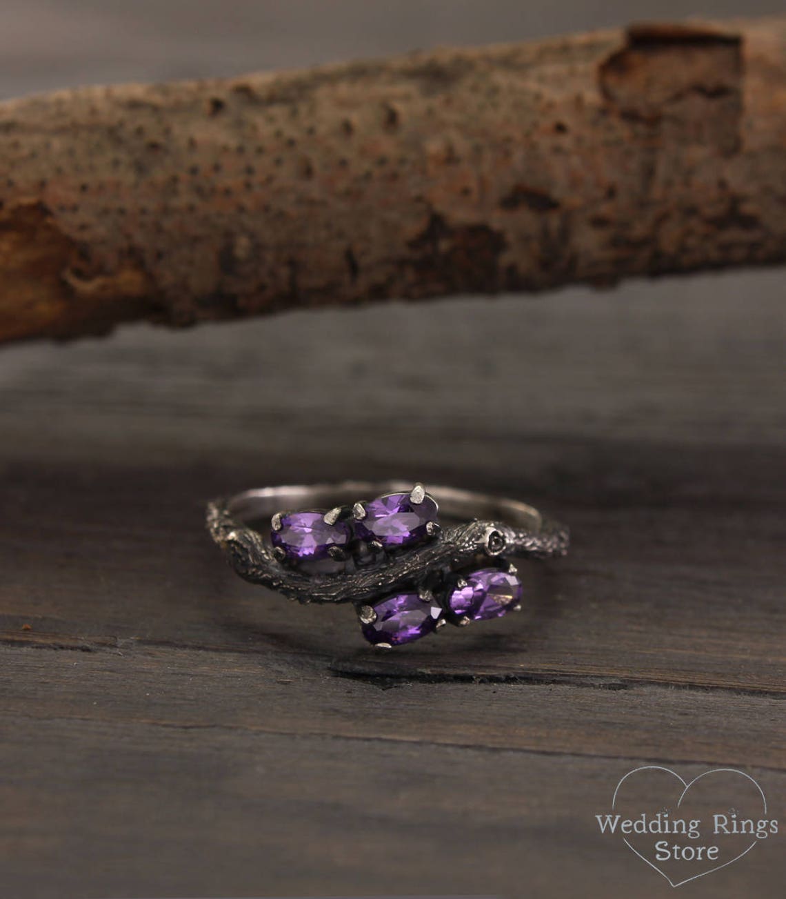 Delicate Amethysts Waved Twig Engagement Ring in oxidized Silver