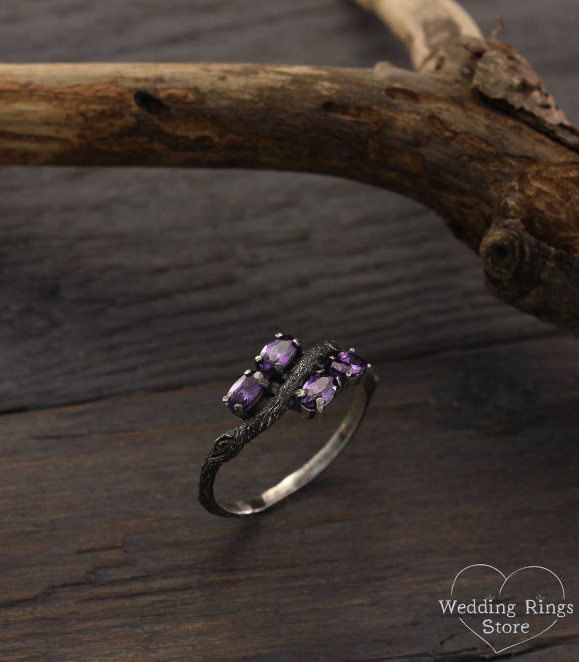 Delicate Amethysts Waved Twig Engagement Ring in oxidized Silver