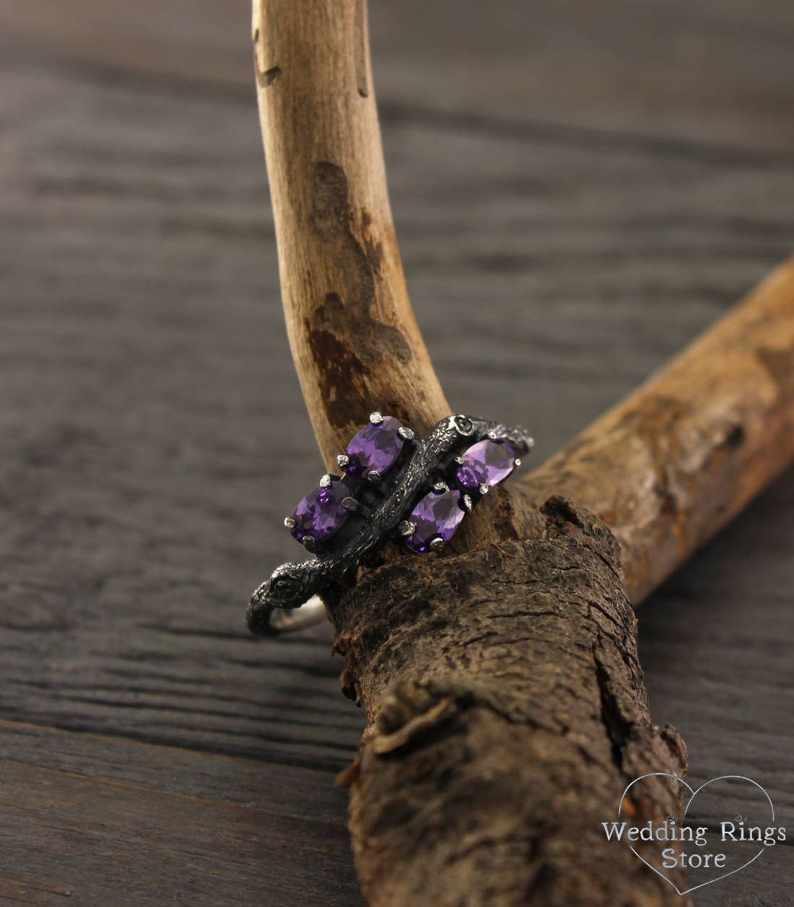 Delicate Amethysts Waved Twig Engagement Ring in oxidized Silver