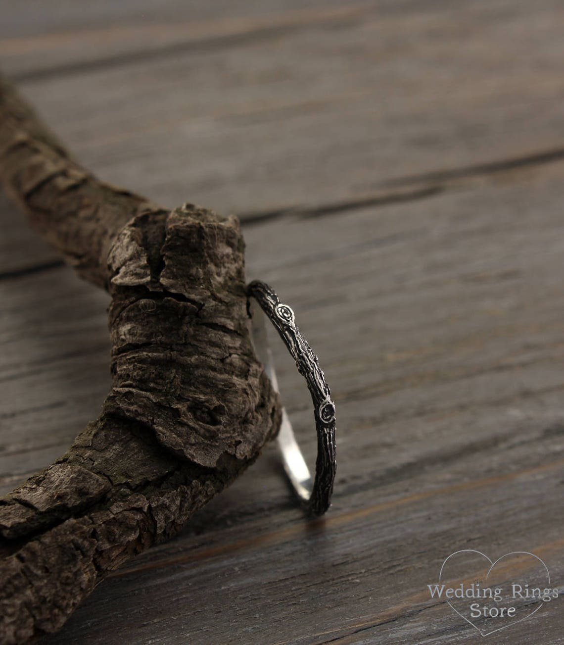 Tiny Tree bark Silver Stackable Wedding Band