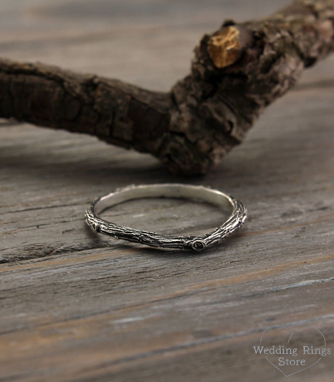 Tiny Tree bark Silver Stackable Wedding Band