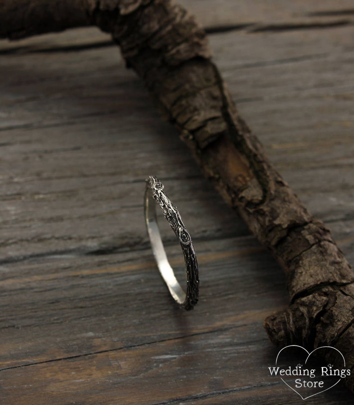 Tiny Tree bark Silver Stackable Wedding Band