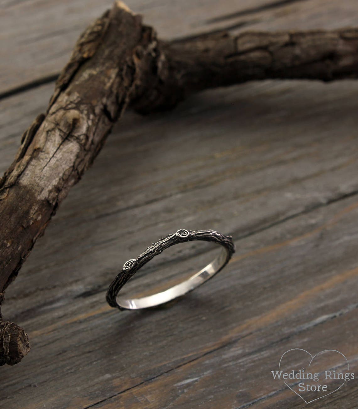 Tiny Tree bark Silver Stackable Wedding Band