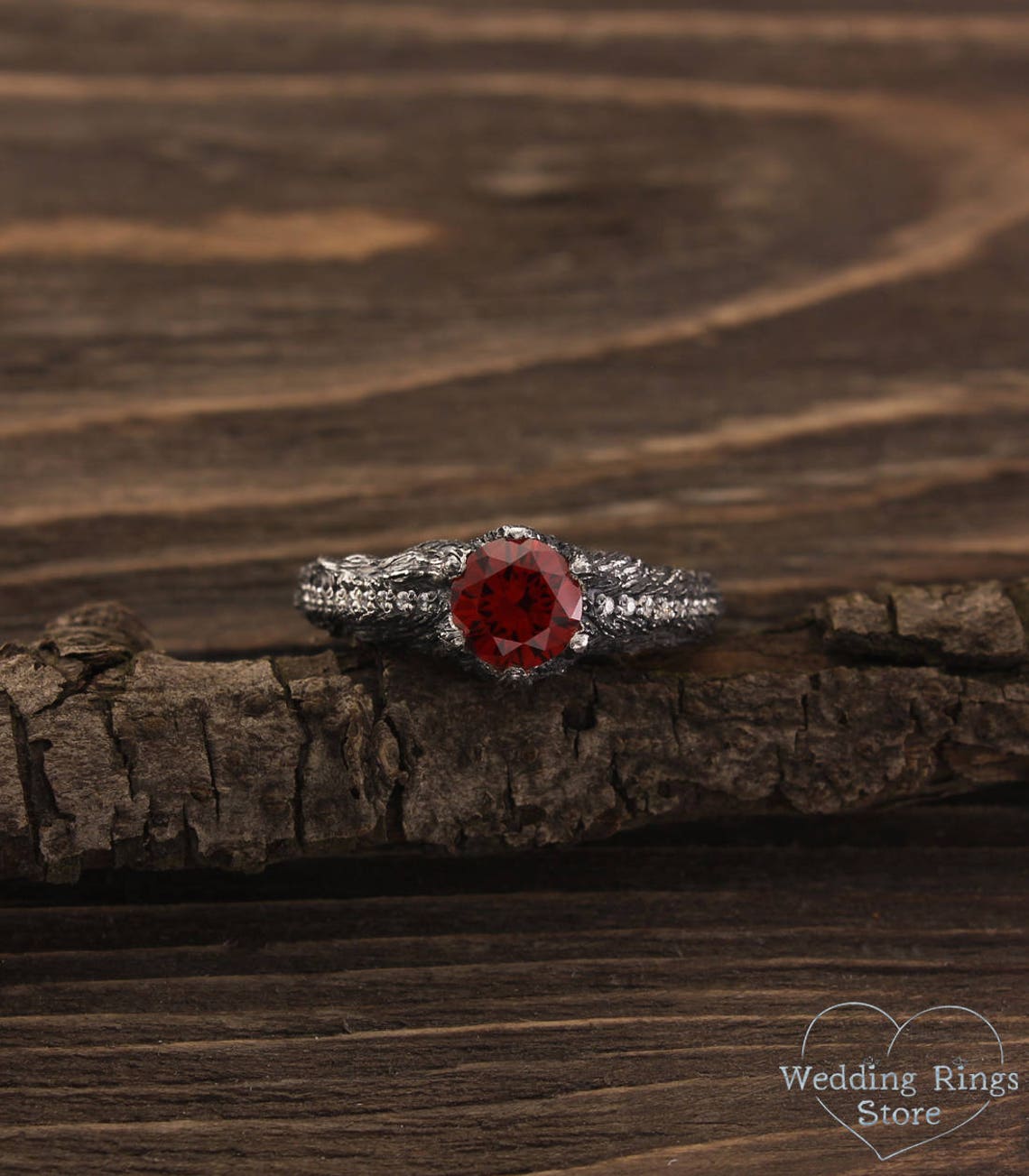 Big Garnet Ring with Silver Tree and Side Stones