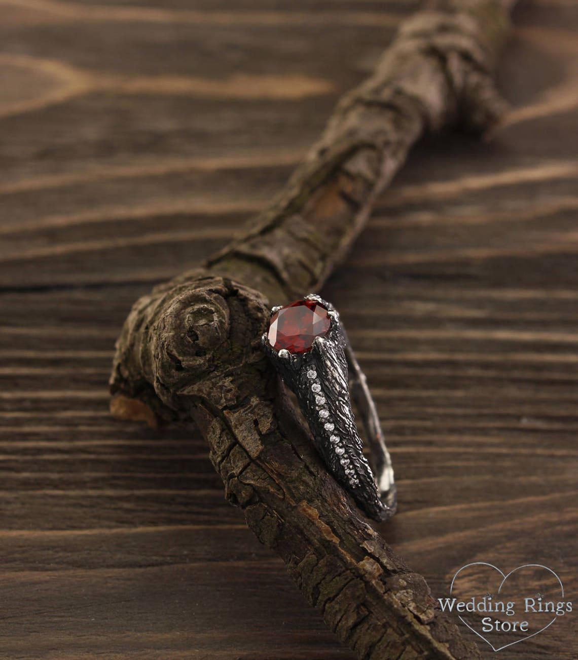 Big Garnet Ring with Silver Tree and Side Stones